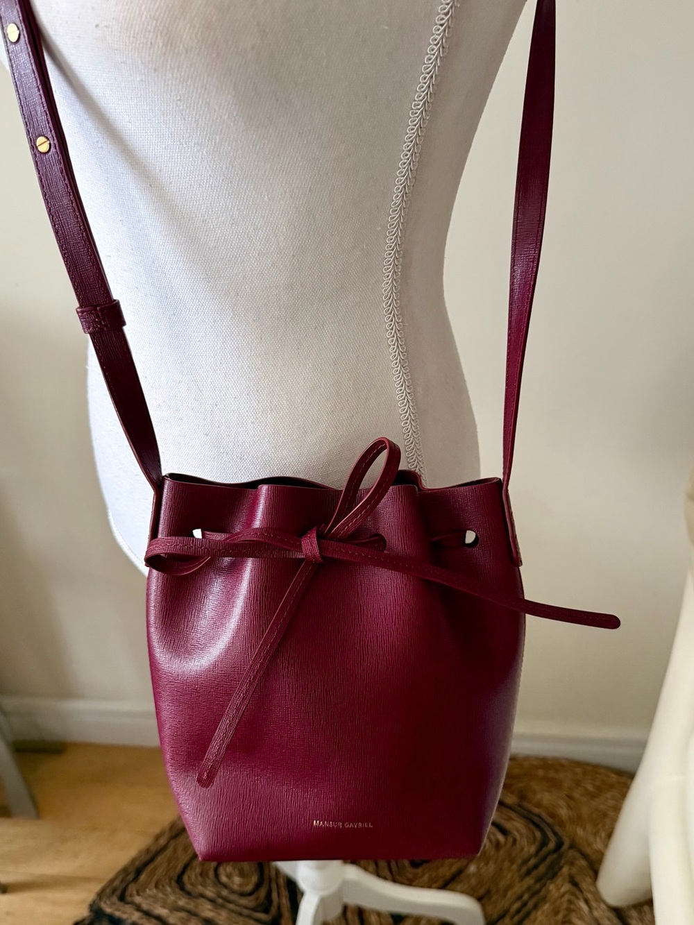 Mansur Gavriel Claret Red Textured Leather Mini Crossbody Bucket Bag - Picture 10 of 15